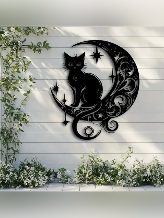 None Other - Art Deco Style Cat Sitting on the Moon 2D Flat Acrylic Wall Carving Gothic New